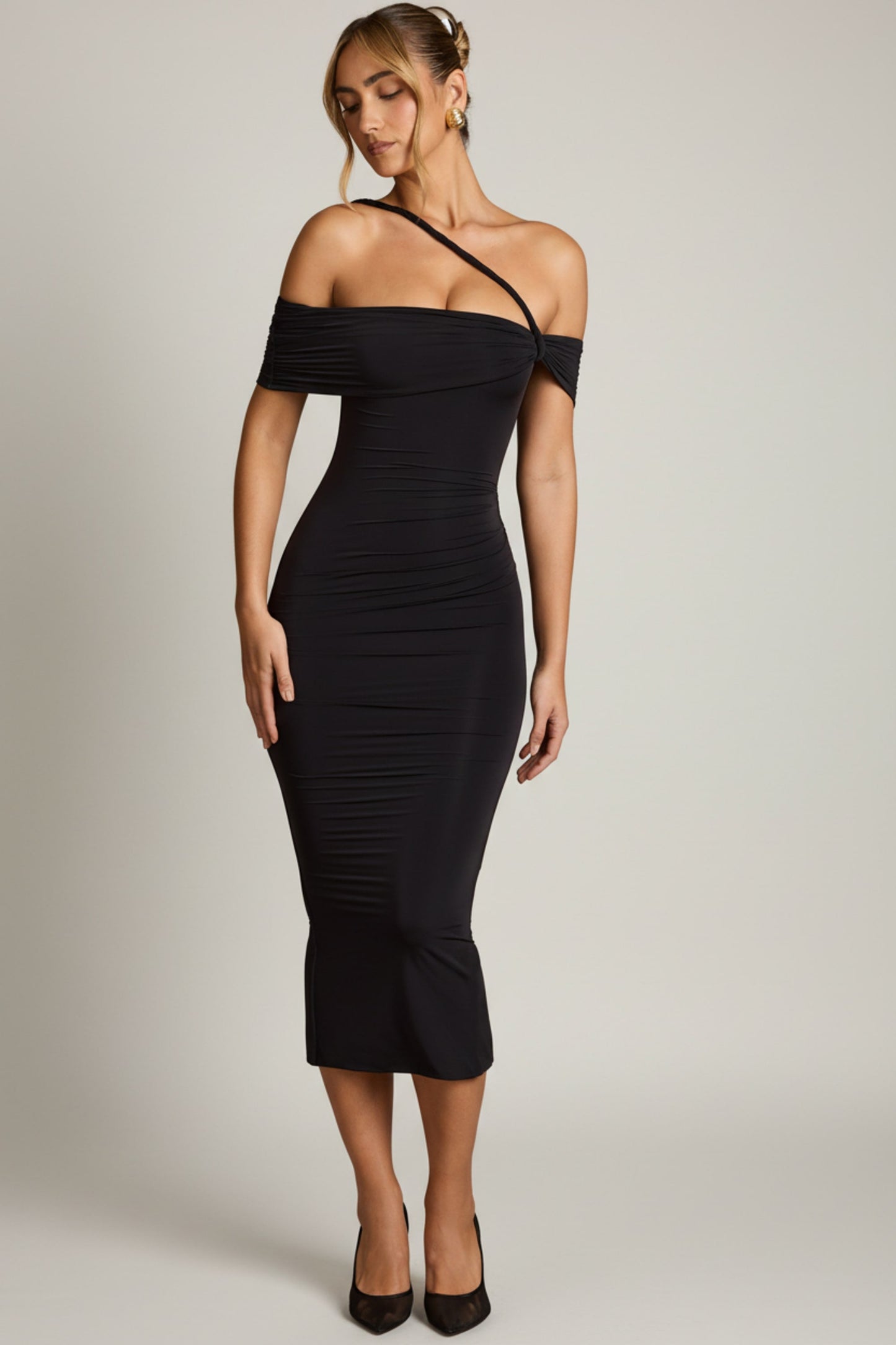 Off-Shoulder Draped Midaxi Dress in Black